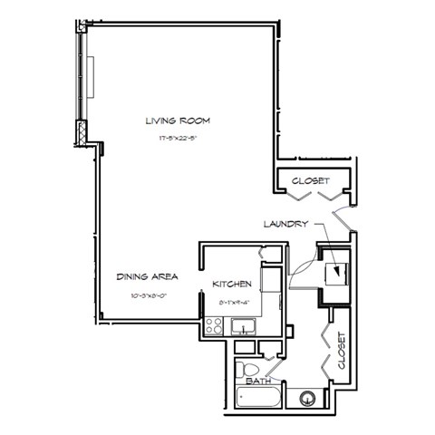 Floor plan for studio, 1 bath, 733 sqft
